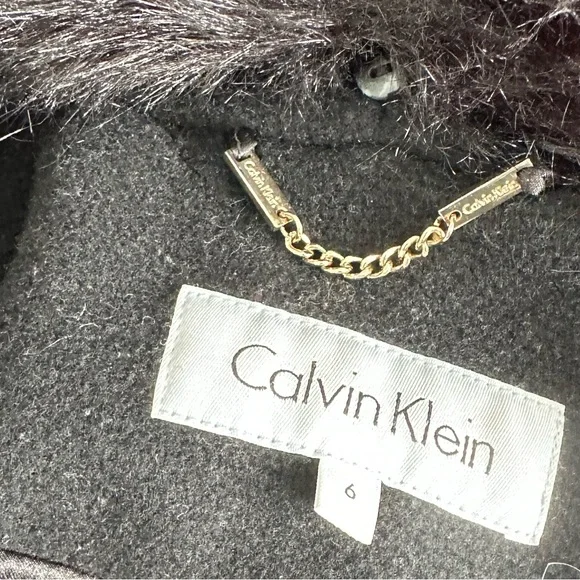 Calvin Klein Black Wool Wrap Coat Detachable Fur Collar Size 6 - Picture 8 of 9